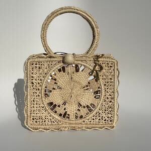 Rodebjer Palm Bag Handwoven Raffia Floral Structured Handbag Natural Canvas NWT